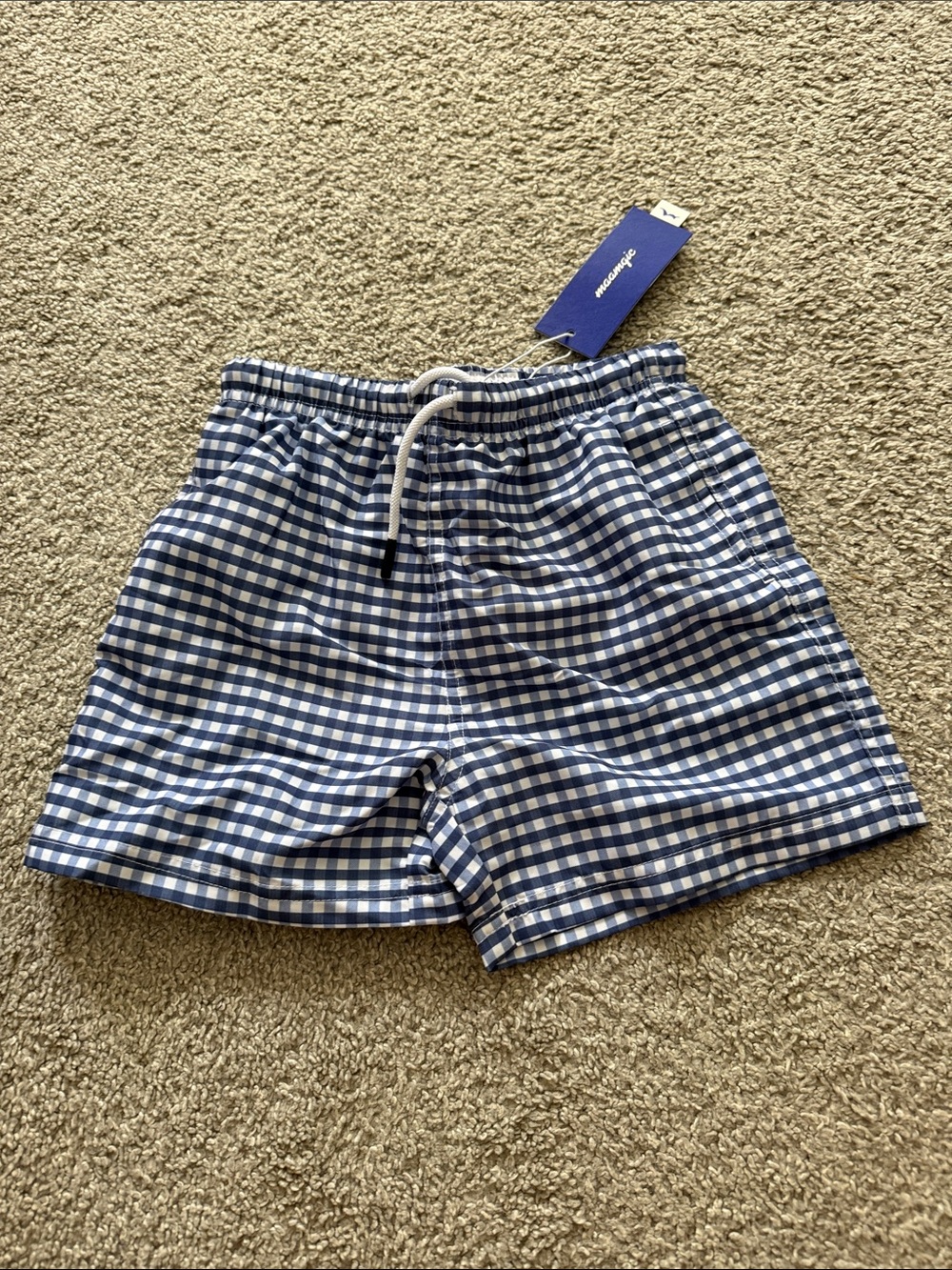 Kids Blue Gingham Swim Trunks with Drawstring Waist